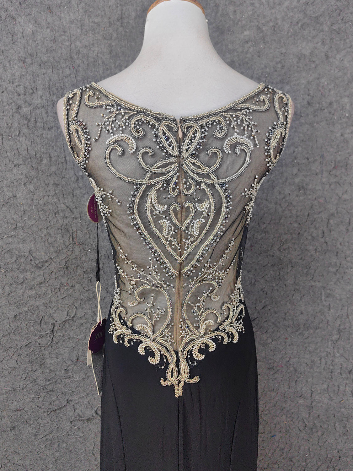 Vintage schwarzes V-Ausschnitt Perlen Chiffon langes Ballkleid Abendkleid P4673