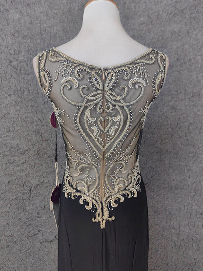 Vintage schwarzes V-Ausschnitt Perlen Chiffon langes Ballkleid Abendkleid P4673