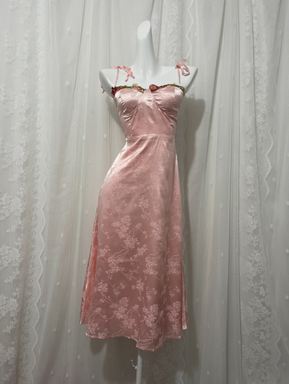 Süßes rosafarbenes Spaghetti-Träger-Kleid aus besticktem Jacquard-Satin für Abschlussball/Abend P4674