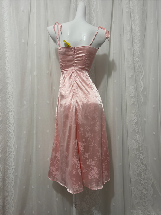 Süßes rosafarbenes Spaghetti-Träger-Kleid aus besticktem Jacquard-Satin für Abschlussball/Abend P4674