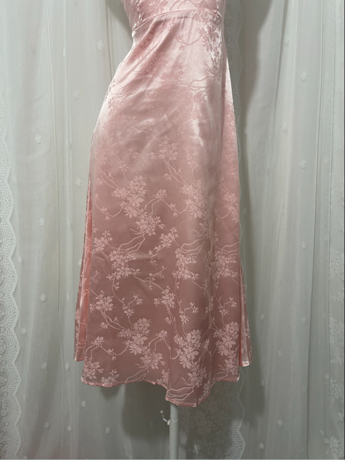 Süßes rosafarbenes Spaghetti-Träger-Kleid aus besticktem Jacquard-Satin für Abschlussball/Abend P4674