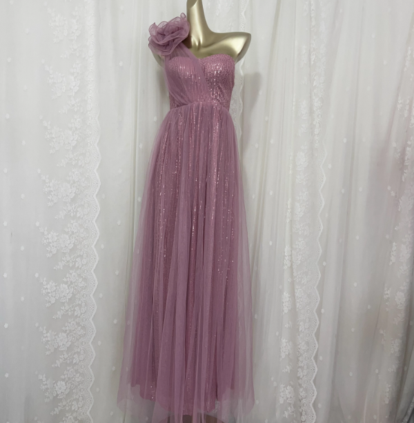Süßes Blush Lila A-Linien-One-Shoulder 3D-Blumen Pailletten Tüll Langes Ballkleid Abendkleid P4675