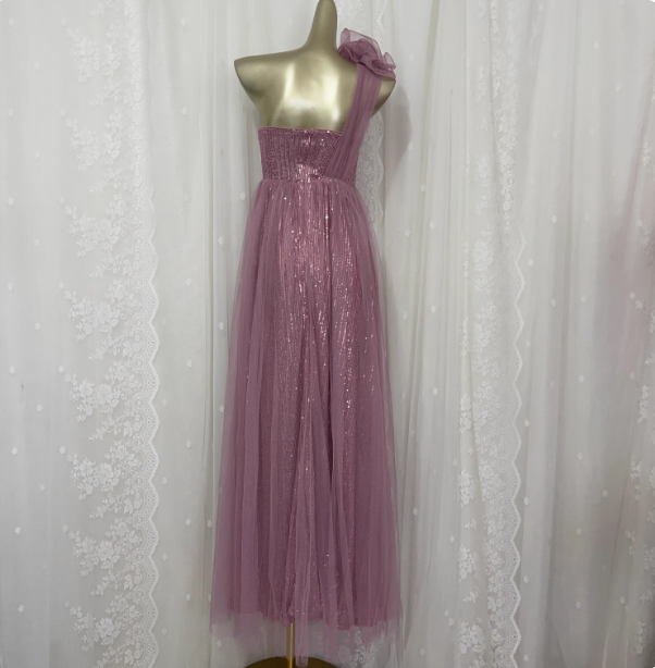 Süßes Blush Lila A-Linien-One-Shoulder 3D-Blumen Pailletten Tüll Langes Ballkleid Abendkleid P4675