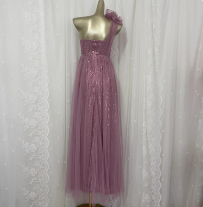 Süßes Blush Lila A-Linien-One-Shoulder 3D-Blumen Pailletten Tüll Langes Ballkleid Abendkleid P4675