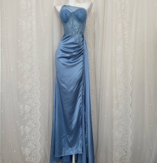Elegantes Meerjungfrauen-Abendkleid in Blau mit Pailletten und Perlen, asymmetrischer Schulter und langem Schnitt P4679