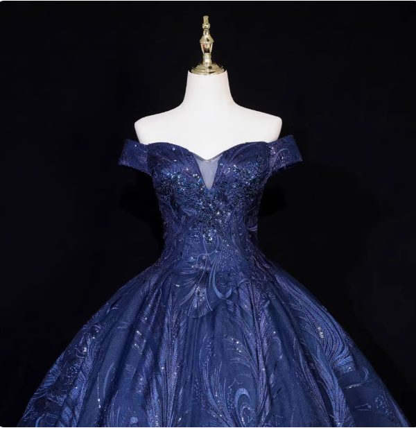 Vintage Trägerloses Marineblaues Ballkleid mit Perlenstickerei aus Tüll Abendkleid P4680