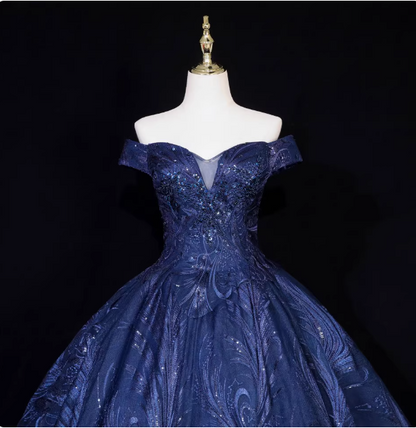 Vintage Trägerloses Marineblaues Ballkleid mit Perlenstickerei aus Tüll Abendkleid P4680