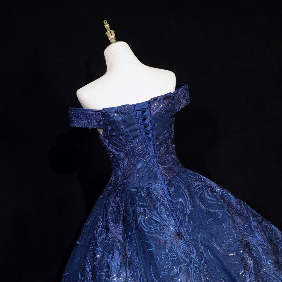 Vintage Trägerloses Marineblaues Ballkleid mit Perlenstickerei aus Tüll Abendkleid P4680