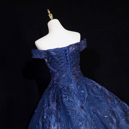 Vintage Trägerloses Marineblaues Ballkleid mit Perlenstickerei aus Tüll Abendkleid P4680