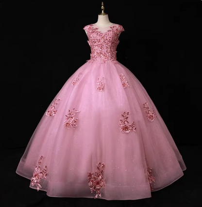 Süßes Prinzessin Pink Rundhals besticktes Tüll langes Ballkleid Abendkleid P4681