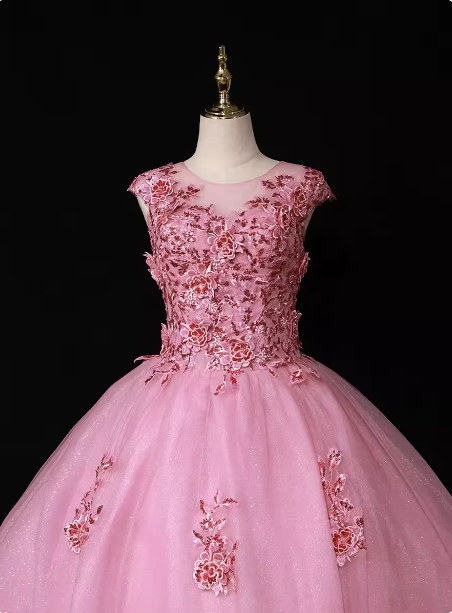 Süßes Prinzessin Pink Rundhals besticktes Tüll langes Ballkleid Abendkleid P4681