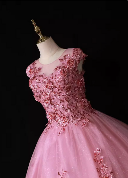 Süßes Prinzessin Pink Rundhals besticktes Tüll langes Ballkleid Abendkleid P4681