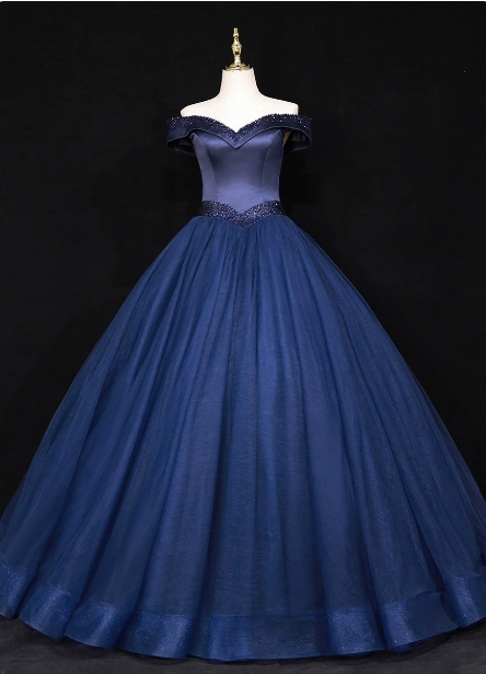 Elegantes, schulterfreies, marineblaues, perlenbesetztes Satin-Tüll-Abendkleid/Ballkleid P4682