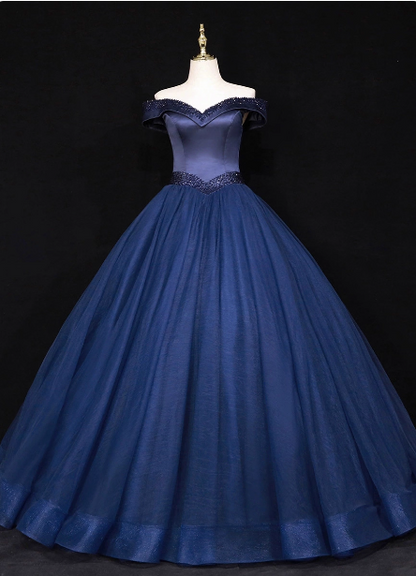 Elegantes, schulterfreies, marineblaues, perlenbesetztes Satin-Tüll-Abendkleid/Ballkleid P4682