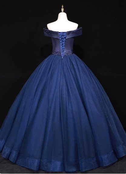 Elegantes, schulterfreies, marineblaues, perlenbesetztes Satin-Tüll-Abendkleid/Ballkleid P4682