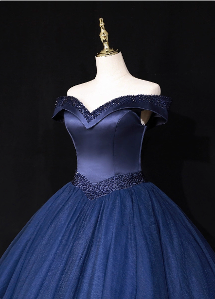 Elegantes, schulterfreies, marineblaues, perlenbesetztes Satin-Tüll-Abendkleid/Ballkleid P4682