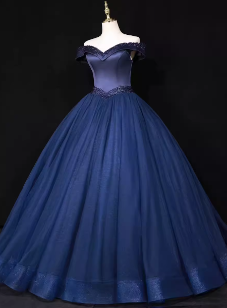 Elegantes, schulterfreies, marineblaues, perlenbesetztes Satin-Tüll-Abendkleid/Ballkleid P4682