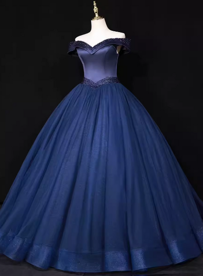 Elegantes, schulterfreies, marineblaues, perlenbesetztes Satin-Tüll-Abendkleid/Ballkleid P4682