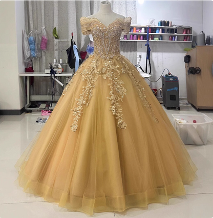 Royal Champagner Gold schulterfreies, Perlen besticktes Tüll langes Ballkleid Abendkleid P4683