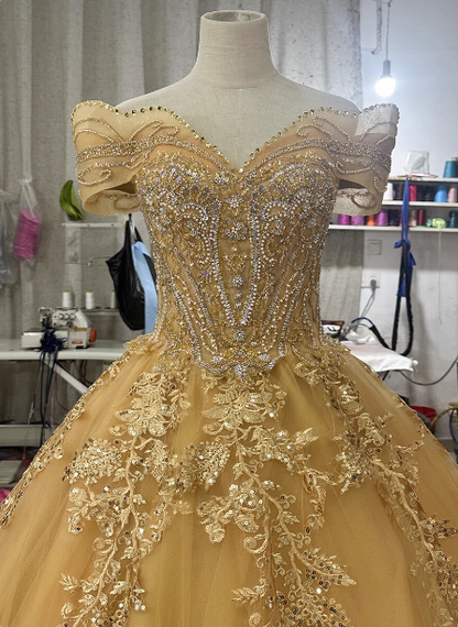 Royal Champagner Gold schulterfreies, Perlen besticktes Tüll langes Ballkleid Abendkleid P4683