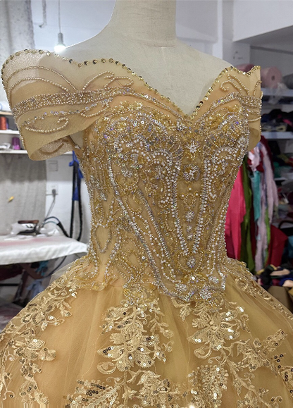 Royal Champagner Gold schulterfreies, Perlen besticktes Tüll langes Ballkleid Abendkleid P4683