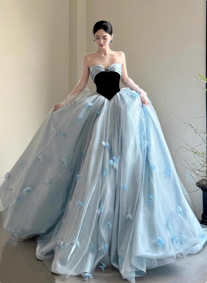 Princess Light Blue Sweetheart Neck 3D Butterfly Embellished Tulle Satin Long Prom Dress Evening Dress P4685