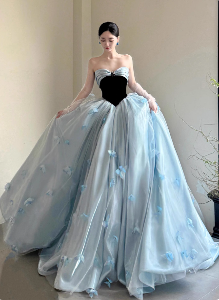 Princess Light Blue Sweetheart Neck 3D Butterfly Embellished Tulle Satin Long Prom Dress Evening Dress P4685