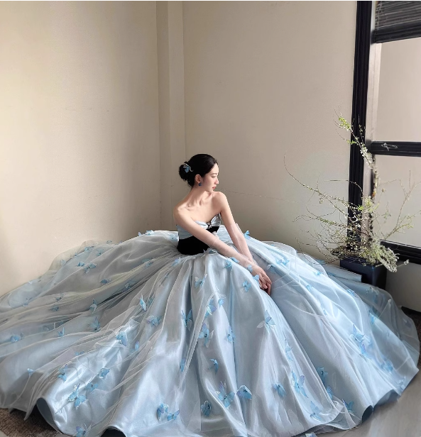 Princess Light Blue Sweetheart Neck 3D Butterfly Embellished Tulle Satin Long Prom Dress Evening Dress P4685