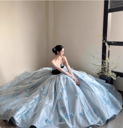 Princess Light Blue Sweetheart Neck 3D Butterfly Embellished Tulle Satin Long Prom Dress Evening Dress P4685
