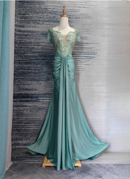 Elegant Mint Green Mermaid Sequin Satin Train Prom Dress Evening Dress P4686