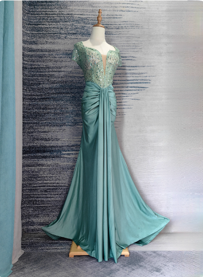 Elegant Mint Green Mermaid Sequin Satin Train Prom Dress Evening Dress P4686