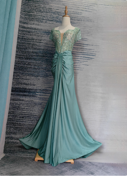 Elegant Mint Green Mermaid Sequin Satin Train Prom Dress Evening Dress P4686