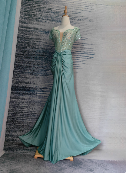 Elegant Mint Green Mermaid Sequin Satin Train Prom Dress Evening Dress P4686