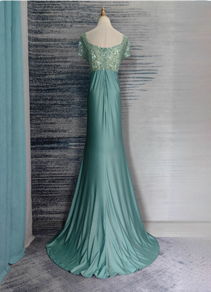 Elegant Mint Green Mermaid Sequin Satin Train Prom Dress Evening Dress P4686