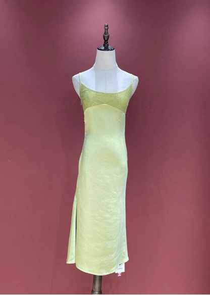 Fresh Elegant Pale Yellow Green Spaghetti Strap Lace Satin Prom Dress Evening Dress P4688
