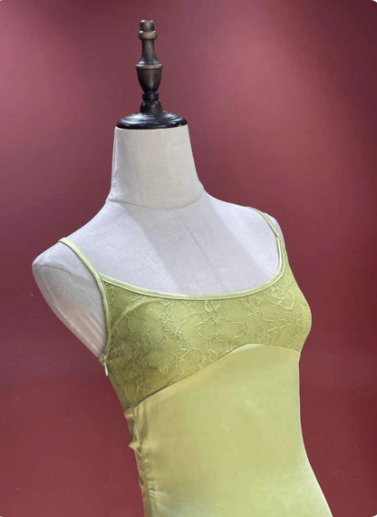 Fresh Elegant Pale Yellow Green Spaghetti Strap Lace Satin Prom Dress Evening Dress P4688