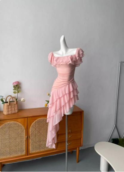 Süßes rosa langes Ballkleid Abendkleid aus Chiffon mit eckigem Ausschnitt und Rüschen P4690