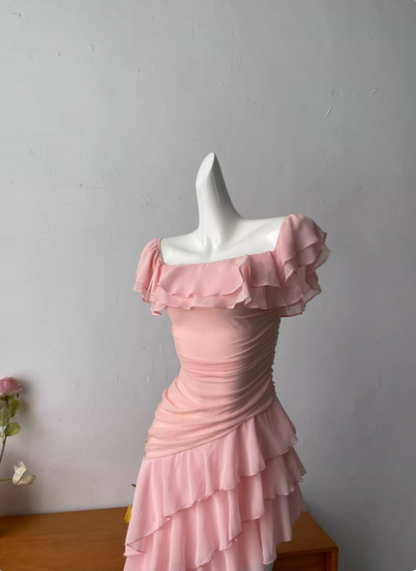 Süßes rosa langes Ballkleid Abendkleid aus Chiffon mit eckigem Ausschnitt und Rüschen P4690