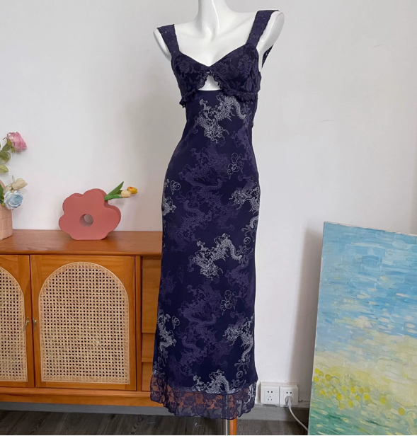 Vintage Marineblau Spaghetti-Träger Bedruckte Spitze Tüll Langes Ballkleid Abendkleid P4691