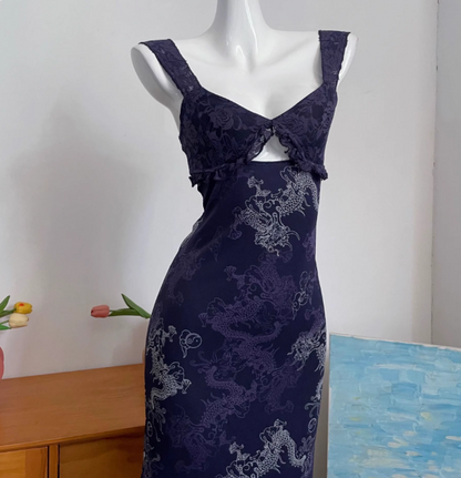 Vintage Marineblau Spaghetti-Träger Bedruckte Spitze Tüll Langes Ballkleid Abendkleid P4691