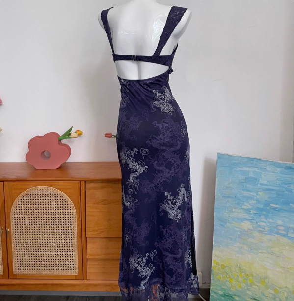 Vintage Marineblau Spaghetti-Träger Bedruckte Spitze Tüll Langes Ballkleid Abendkleid P4691