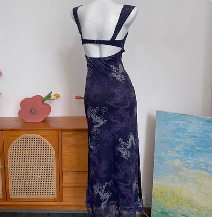 Vintage Marineblau Spaghetti-Träger Bedruckte Spitze Tüll Langes Ballkleid Abendkleid P4691