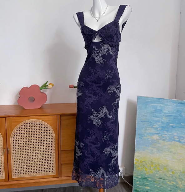 Vintage Marineblau Spaghetti-Träger Bedruckte Spitze Tüll Langes Ballkleid Abendkleid P4691