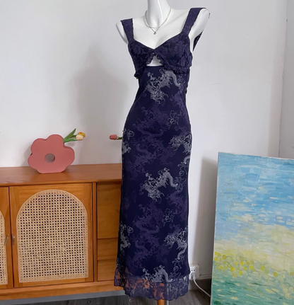 Vintage Marineblau Spaghetti-Träger Bedruckte Spitze Tüll Langes Ballkleid Abendkleid P4691
