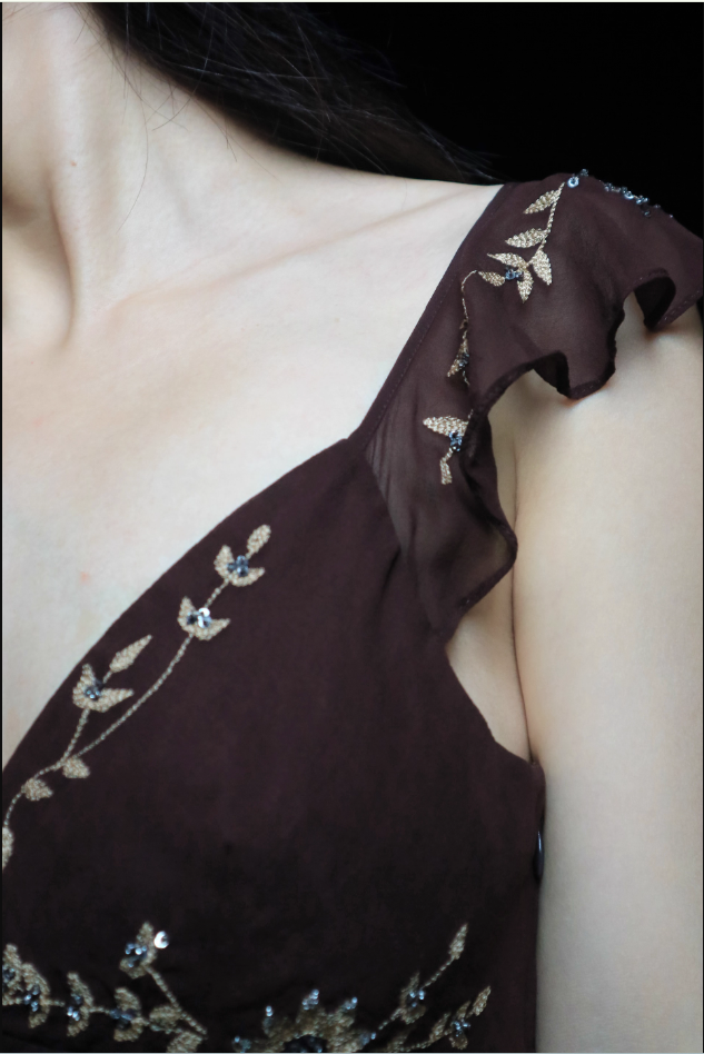 Vintage Dunkelbraun V-Ausschnitt Ärmelloses Unregelmäßiges Besticktes Pailletten Chiffon Ballkleid Abendkleid P4696