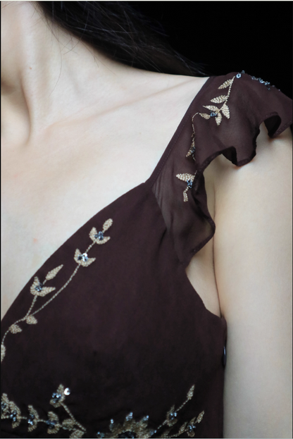 Vintage Dunkelbraun V-Ausschnitt Ärmelloses Unregelmäßiges Besticktes Pailletten Chiffon Ballkleid Abendkleid P4696