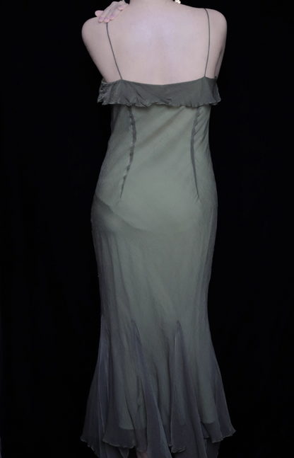 Elegantes grünes Spaghetti-Träger Meerjungfrau Rüschen Pailletten Chiffon langes Ballkleid Abendkleid P4697
