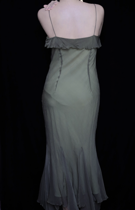 Elegantes grünes Spaghetti-Träger Meerjungfrau Rüschen Pailletten Chiffon langes Ballkleid Abendkleid P4697