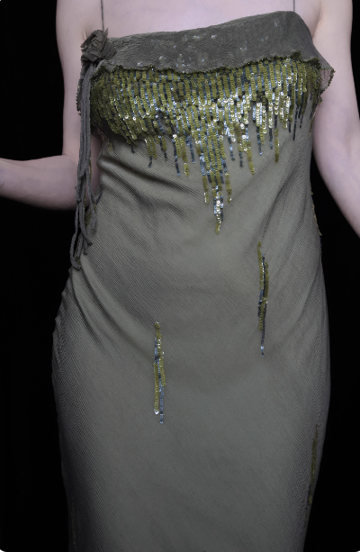 Elegantes grünes Spaghetti-Träger Meerjungfrau Rüschen Pailletten Chiffon langes Ballkleid Abendkleid P4697