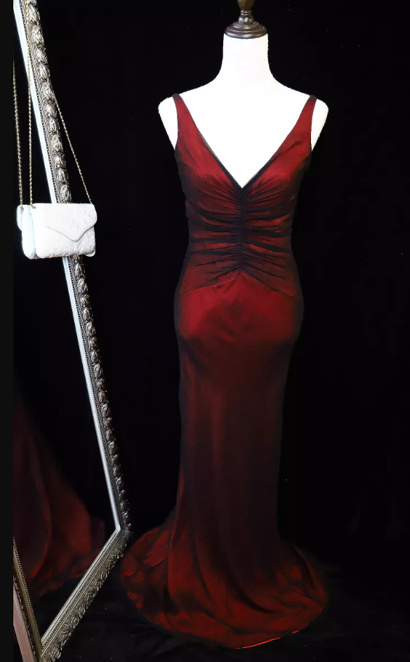 Vintage Helles Burgunderrot Meerjungfrau V-Ausschnitt Gerafftes Satin Langes Ballkleid Abendkleid P4699